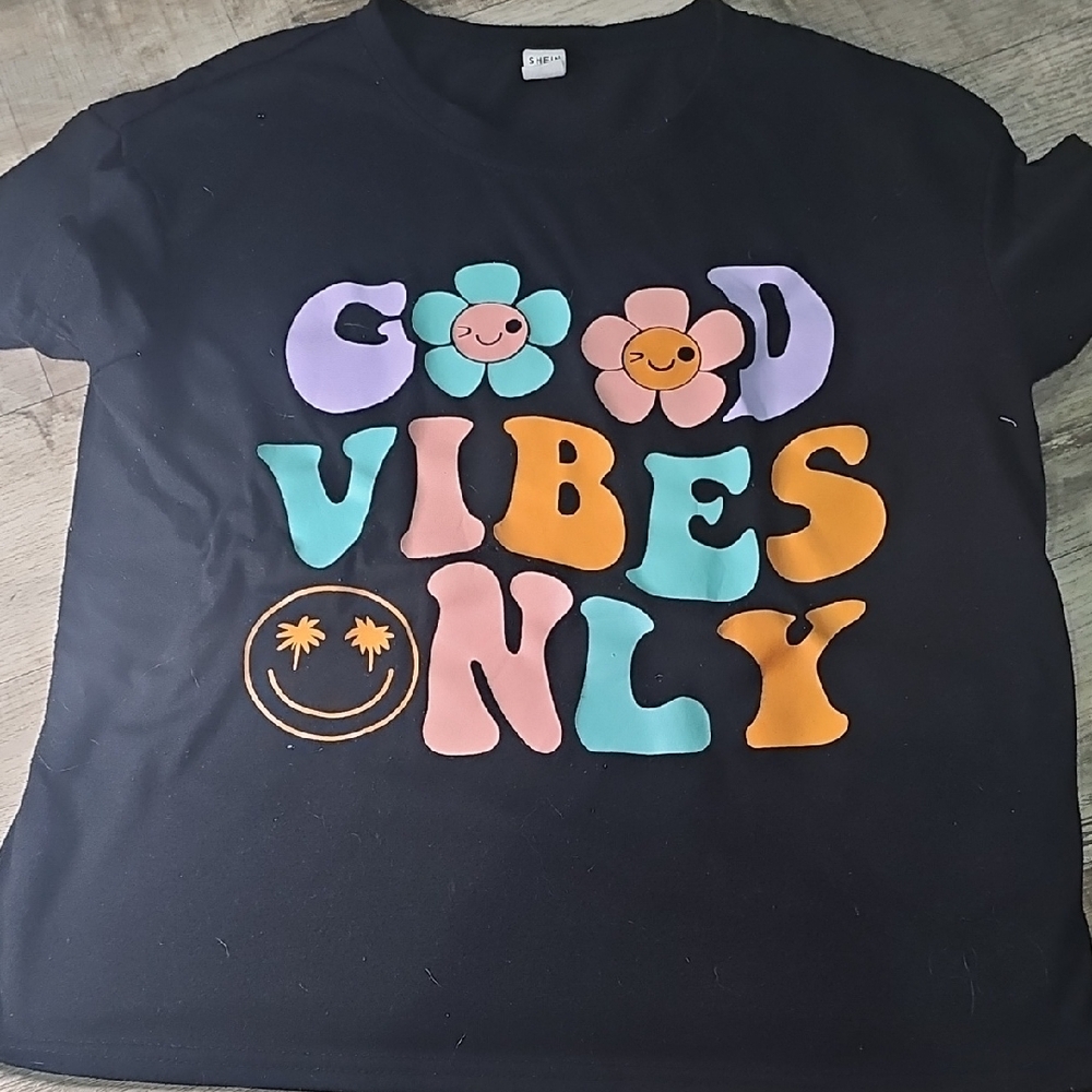 SHEIN Kids T-Shirt - Black with Multicolor Good Vibes Design